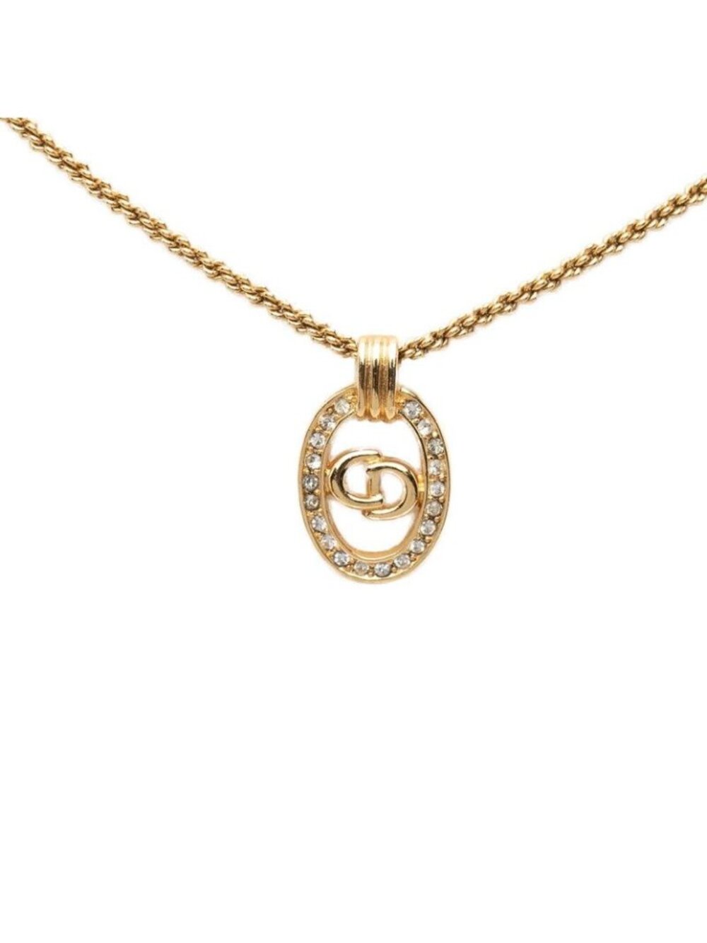 Dior Circle CD Logo Chain Pendant Gold Plated Rhinestone